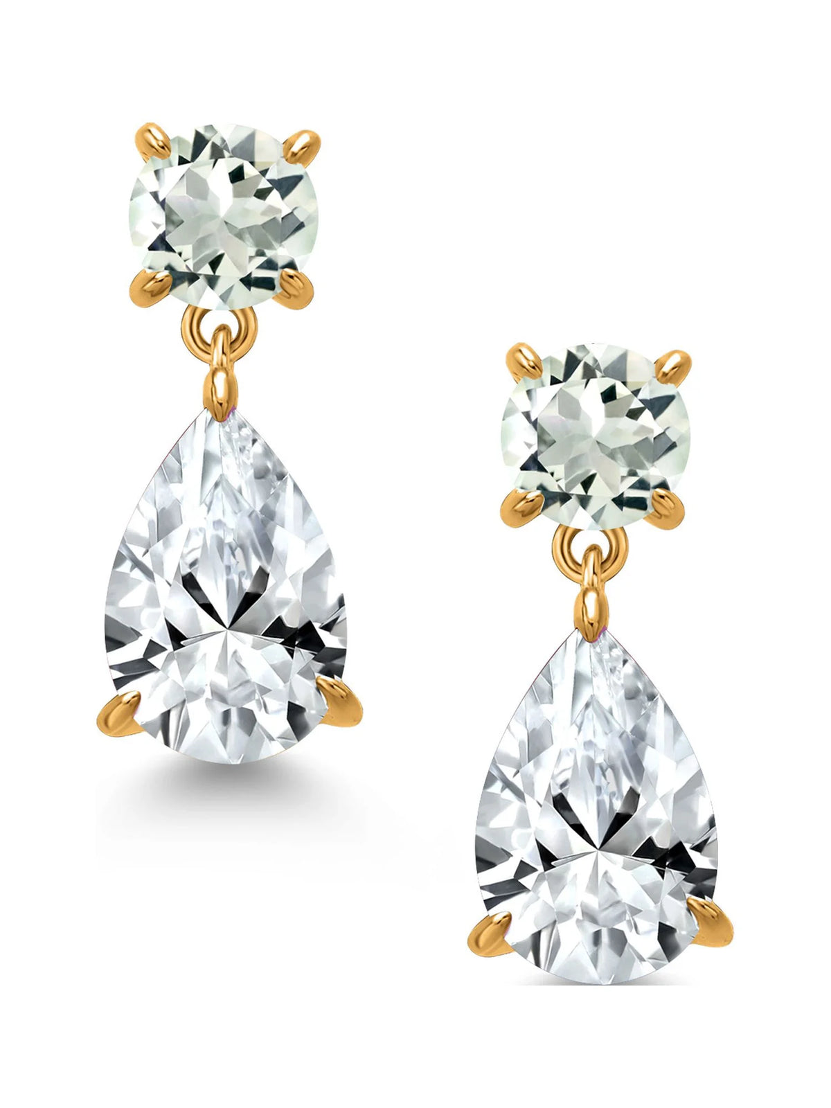 18K Yellow Gold Plated Silver White Created Sapphire and Green Prasiolite Teardrop Dangle Drop Earrings D23542