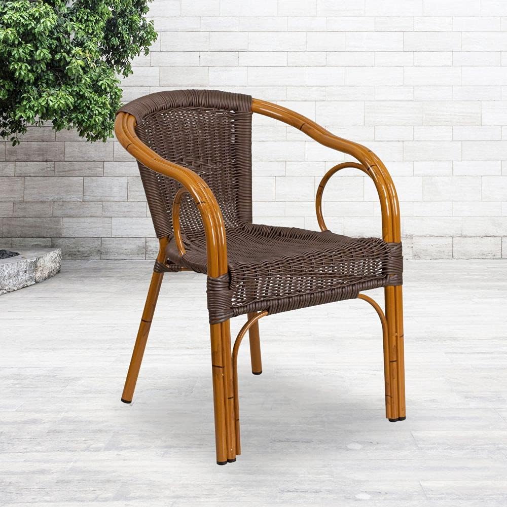 Dark Red Bamboo-Aluminum Indoor-Outdoor Restaurant-Patio Chair with Brown Rattan U457435