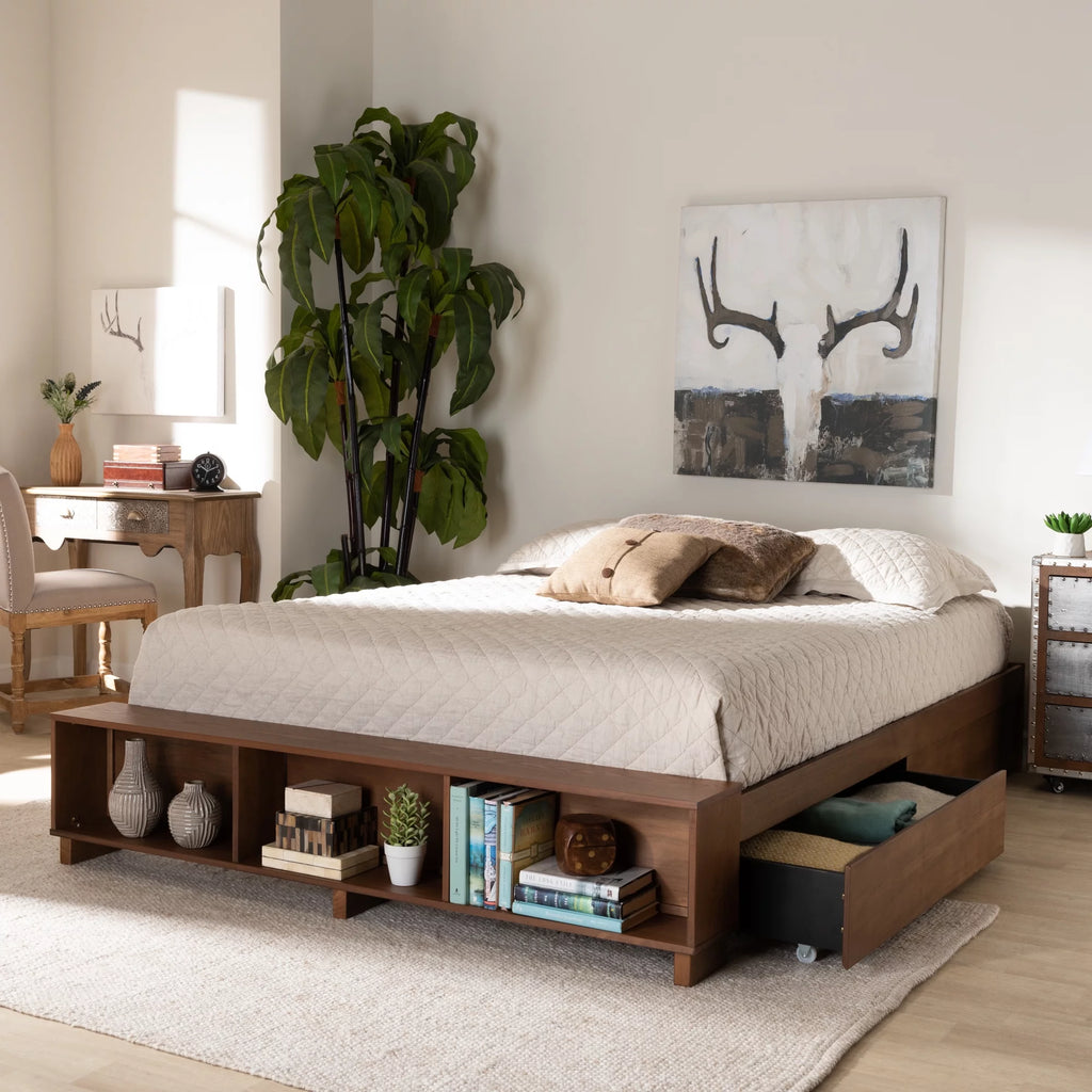 Ash Walnut Brown Wood Full Size Platform Bed with Built-In Shelves U5322