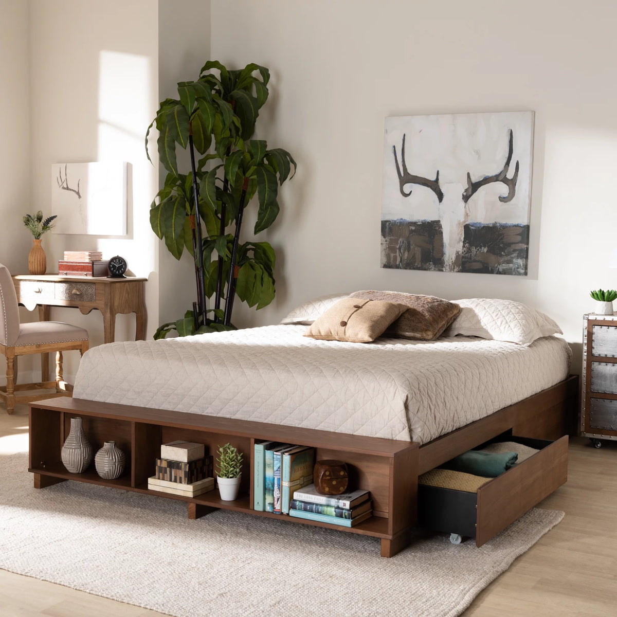 Ash Walnut Brown Wood Full Size Platform Bed with Built-In Shelves U5322