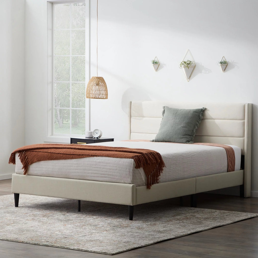 Upholstered Channeled Platform Bed, Full, Cream E498708