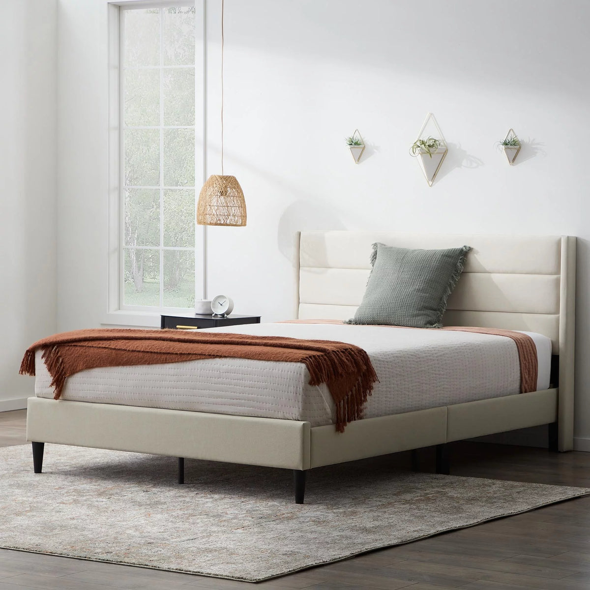 Upholstered Channeled Platform Bed, Full, Cream E498708