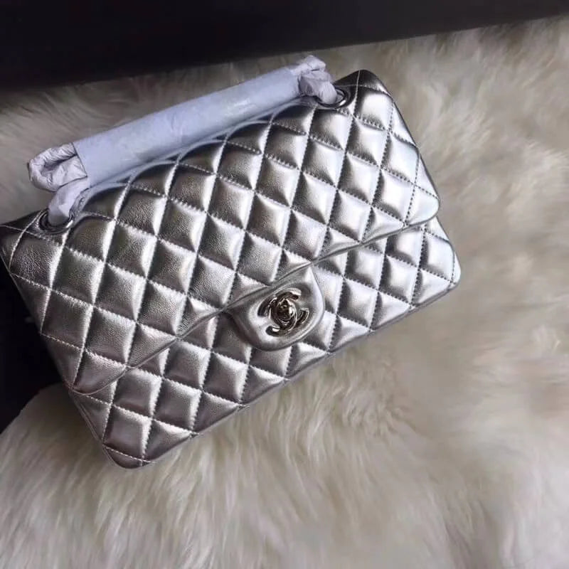 Silver Medium Size Lambskin Leather Flap Bag H921063