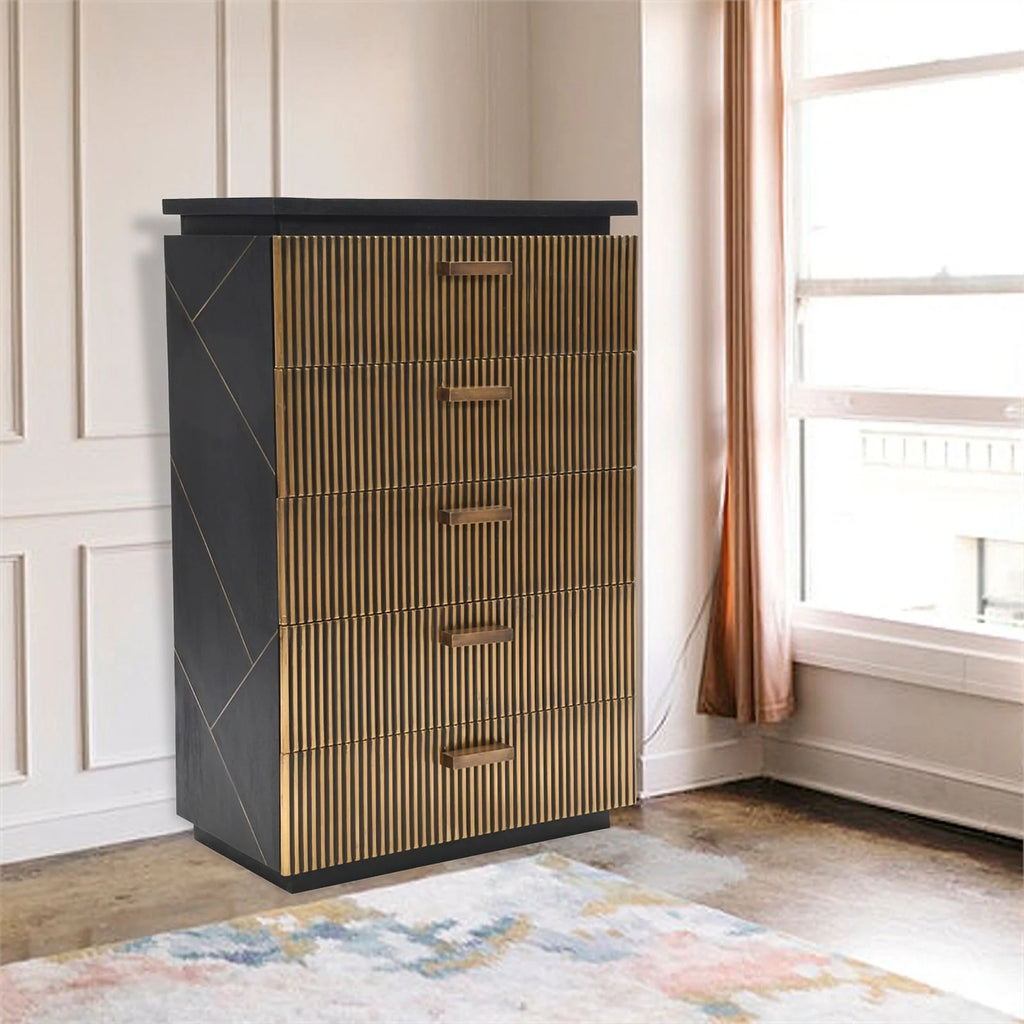 5-Drawer Wood Chest in Black/Gold T5702