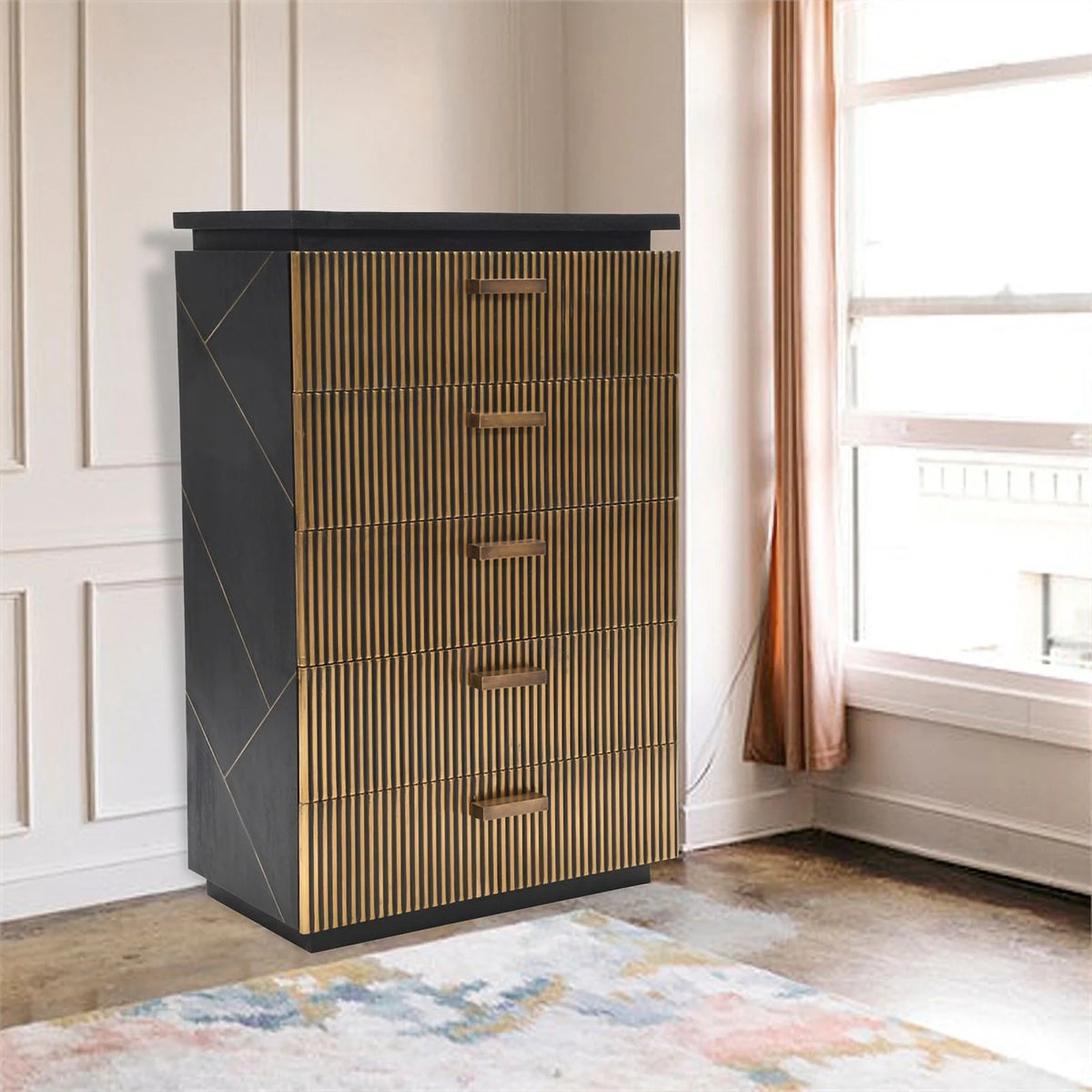5-Drawer Wood Chest in Black/Gold T5702