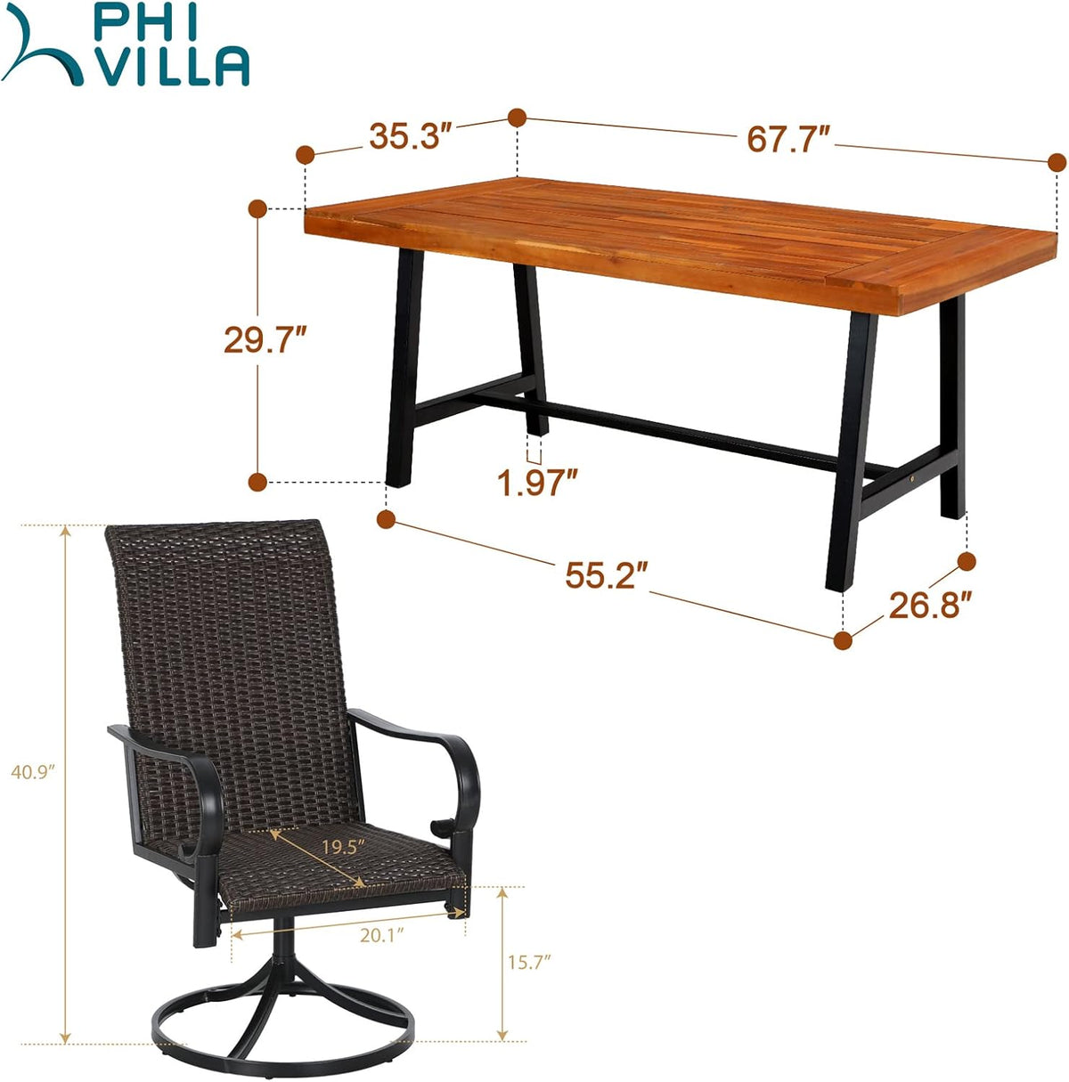 7 Piece Acacia Wood Outdoor Dining Set with 6 Swivel Rattan Chairs K659