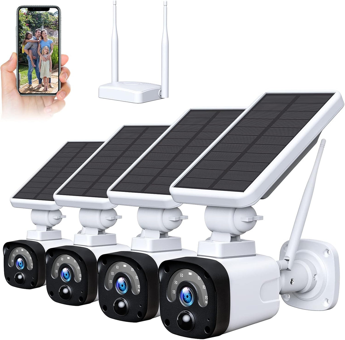 Wireless Solar Security Camera System with Base Station and 4 Cameras, 1080P Night Vision, IP65 Waterproof Y874