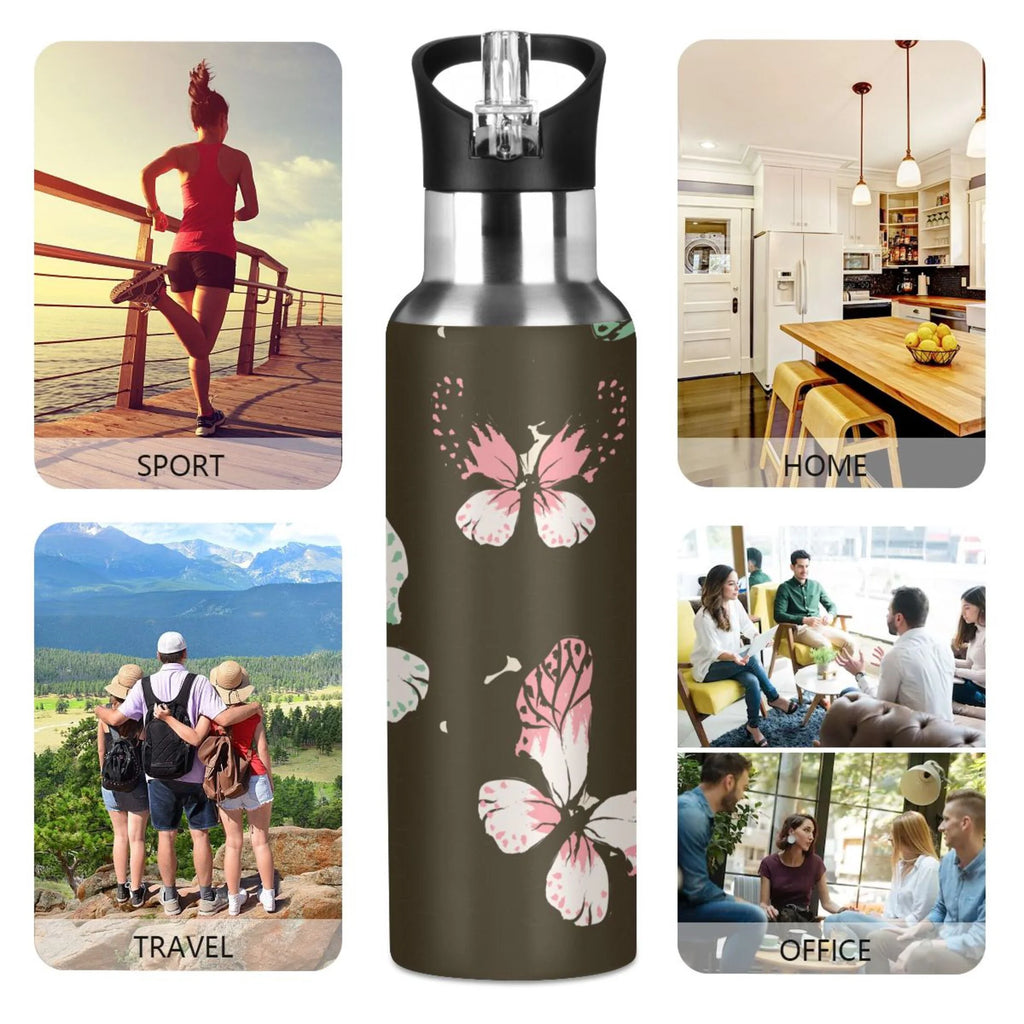 Pink-green Butterfly Leopard Print Stainless Steel Vacuum Insulated Water Bottle with Straw Lid 20 OZ D63662