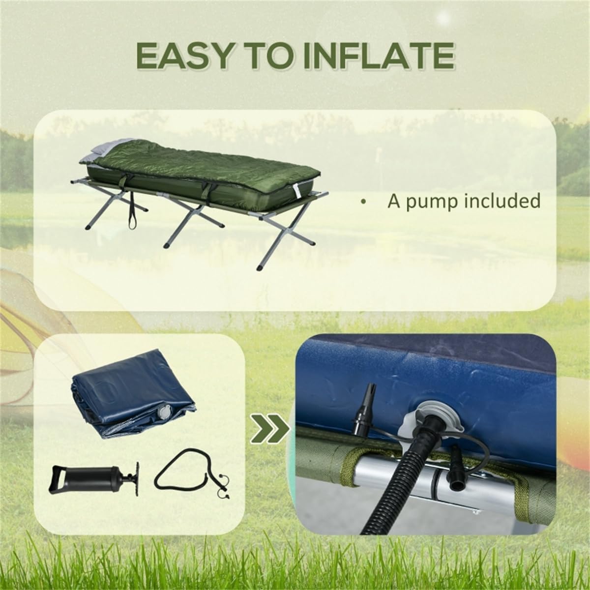 Fold Up Camping Bed Set with Air Cot, Sleeping Bag, Pump W9174