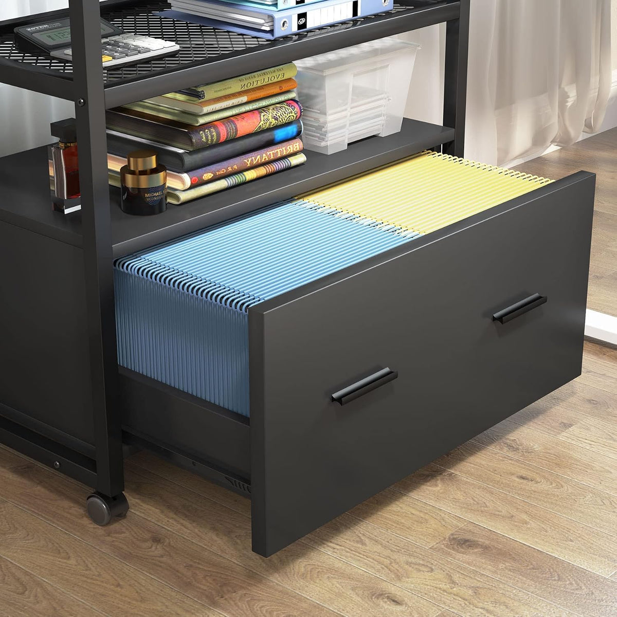 Wood Mobile Filing Cabinet with Storage Shelves Y694