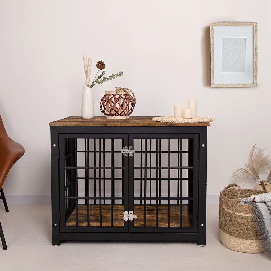 Rustic Brown and Black Wood Dog Crate with Double Doors Z4890