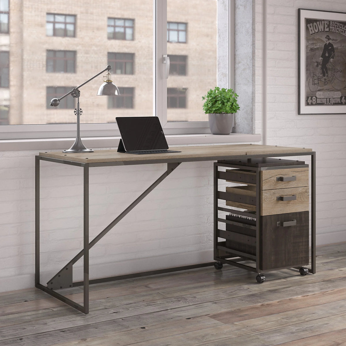 62" Industrial Writing Desk with Mobile File Cabinet N46800