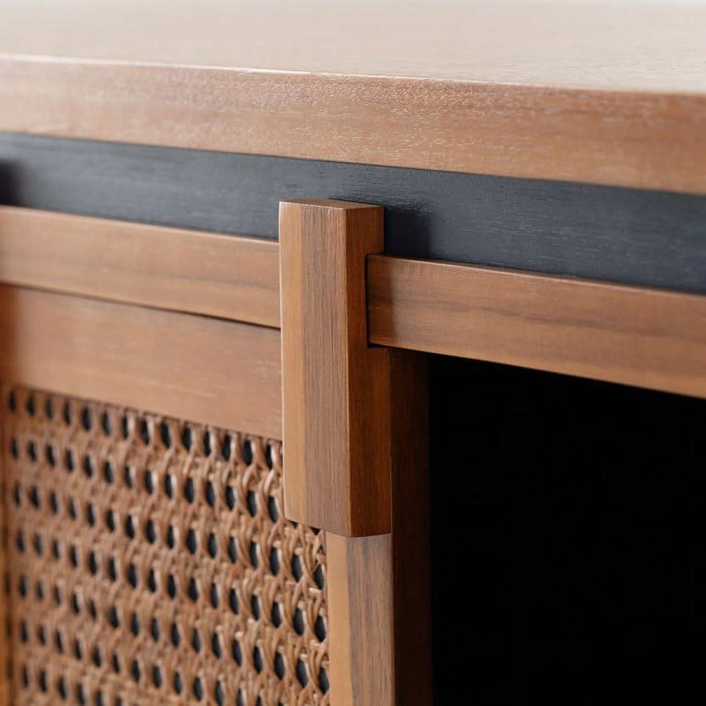 Solid Wood TV Stand 2 Sliding Rattan Doors Navy Blue G307607