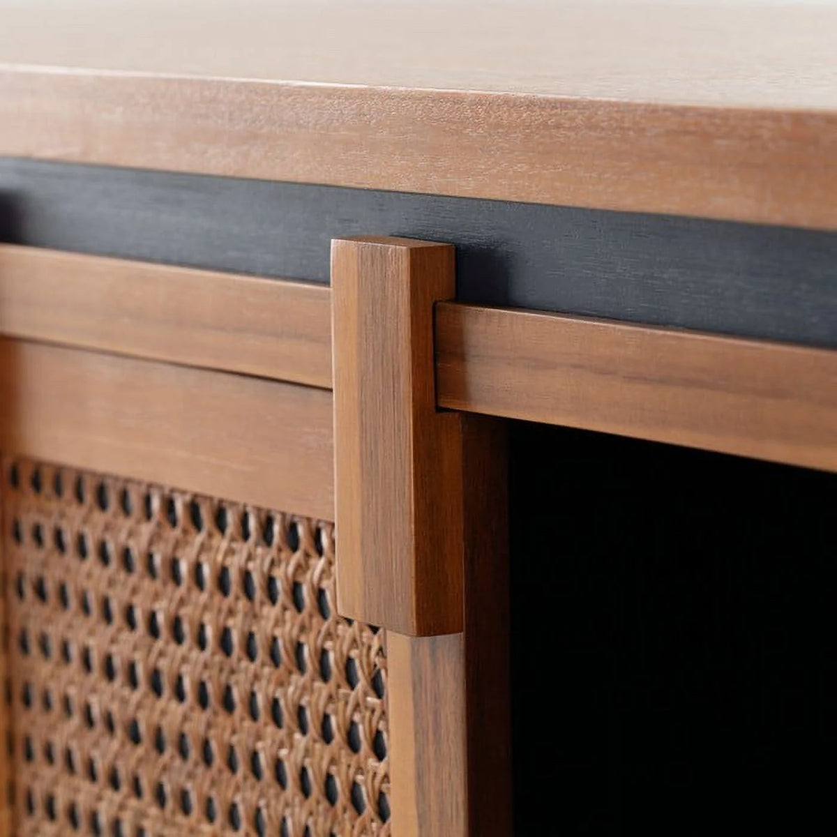 Solid Wood TV Stand 2 Sliding Rattan Doors Navy Blue G307607