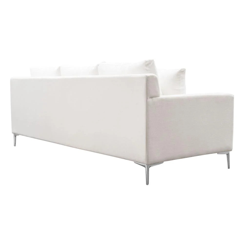 White Linen Sofa with Polished Silver Metal Leg T958