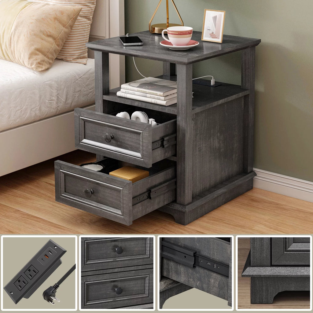 24” Tall End Table with USB C Charging Station, 2 Drawers, Black J8846