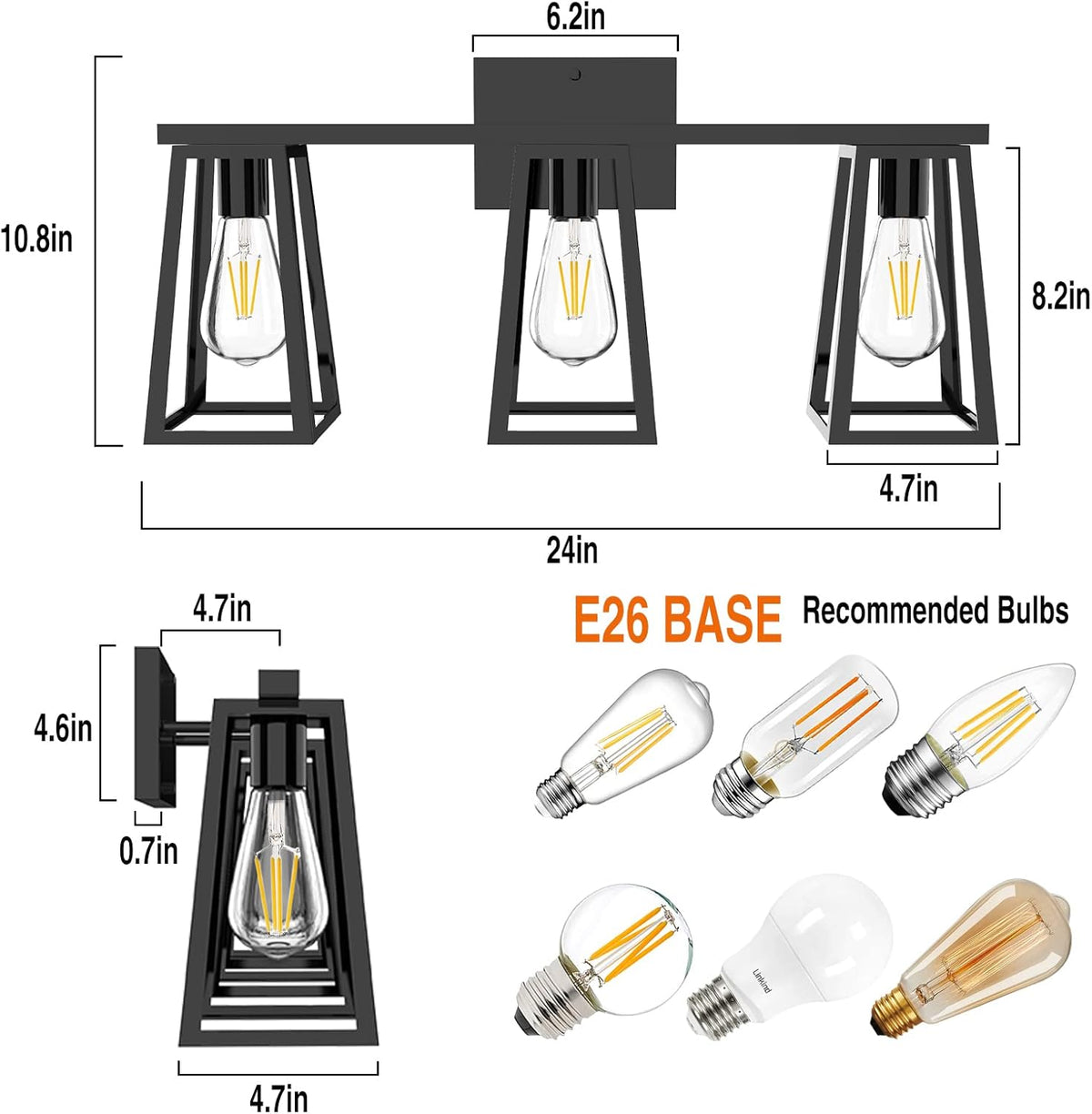 3-Light Matte Black Retro Vanity Light with Amber Glass LED Bulbs I33812
