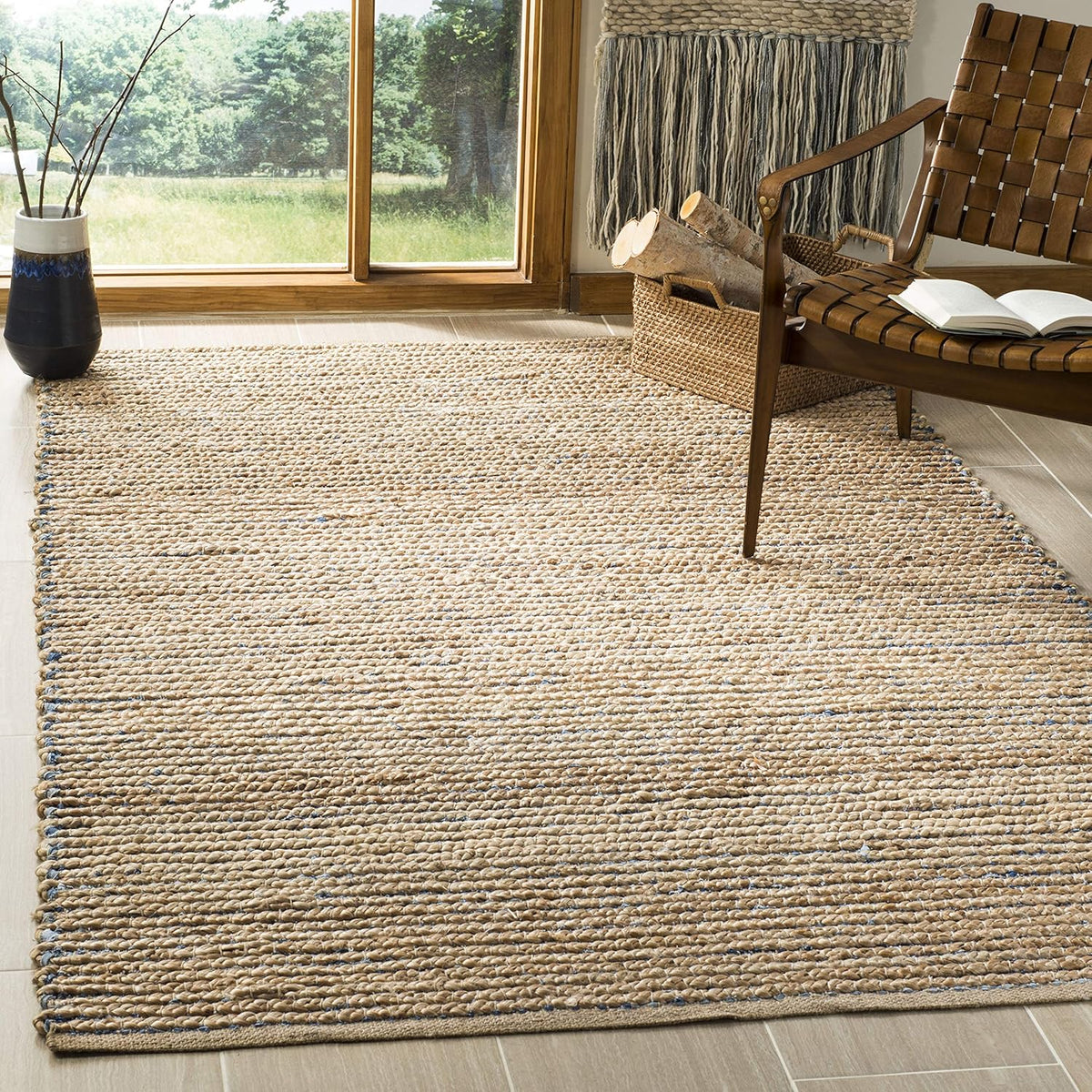 Natural & Blue Handmade Jute Accent Rug B2909