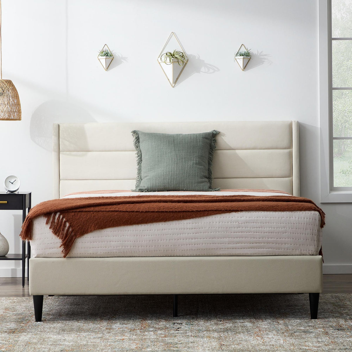 Upholstered Channeled Platform Bed, Full, Cream E498708