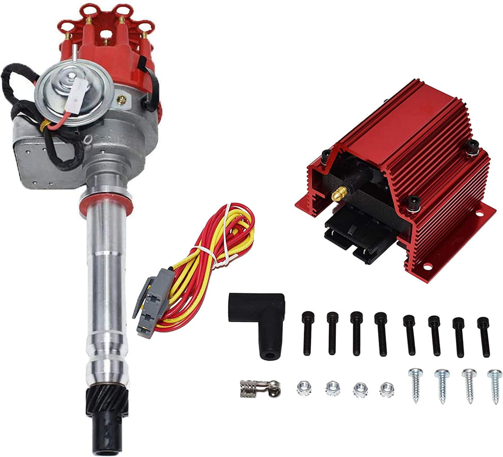 Red Cap Distributor Coil and Red 8mm Spark Plug Wires Set Q3417