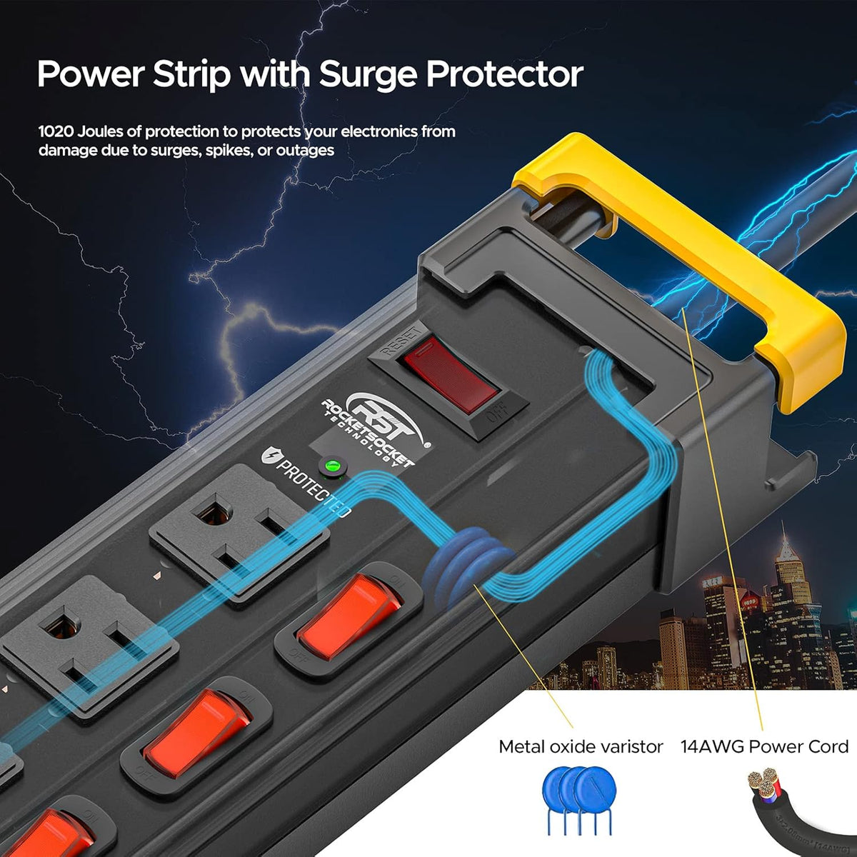 12 Outlets Surge Protector Power Strip with Individual Switches, 9FT, 1020J, 15AMP/1875W, Black, Pack of 2 Y715