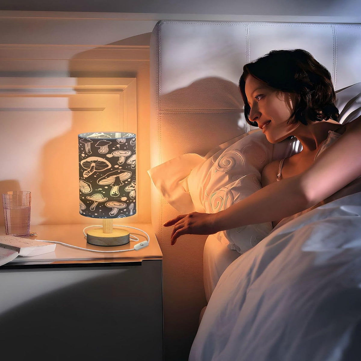 Black White Mushroom Bedside Table Lamp with USB Port Wood Base Round Flaxen Fabric Shade O3992