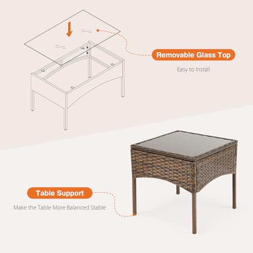 3 Pieces Wicker Rattan Patio Furniture Set with Cushion and Glass Table C2733