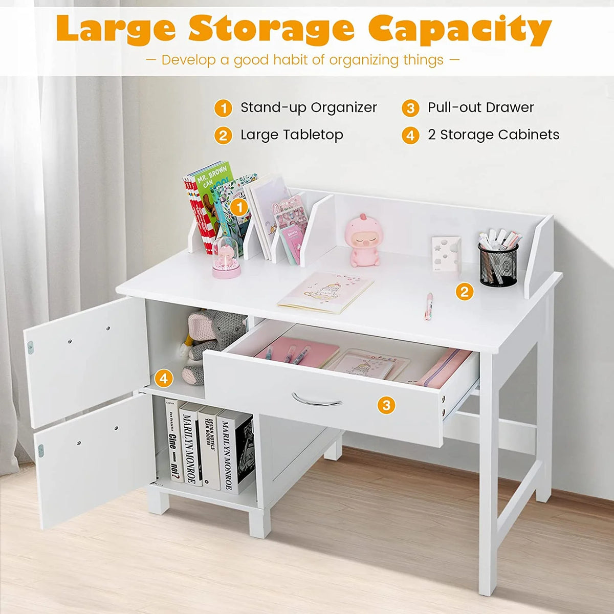 Kids Wooden Desk and Chair Set with Drawer & Storage Cabinets C368517