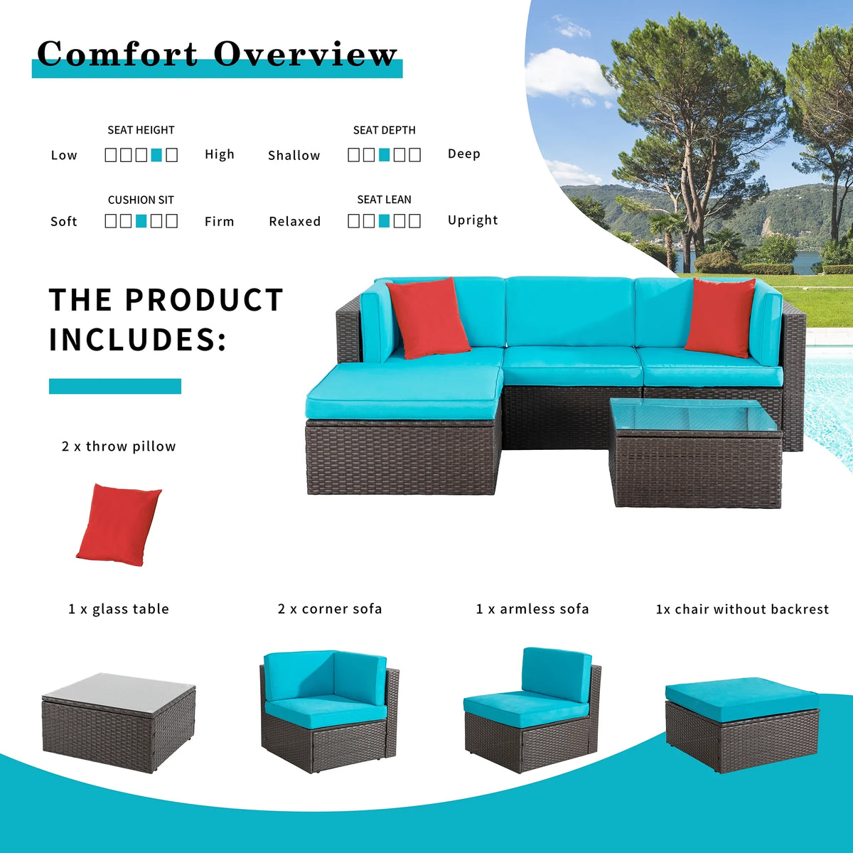 5 Pieces All-Weather PE Rattan Wicker Patio Sofa Set E34780