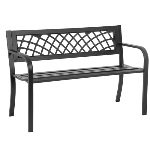 Iron Steel Frame Patio Bench with Mesh Pattern and Plastic Backrest Armrests, Black O36891