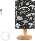 Black White Mushroom Bedside Table Lamp with USB Port Wood Base Round Flaxen Fabric Shade O3992