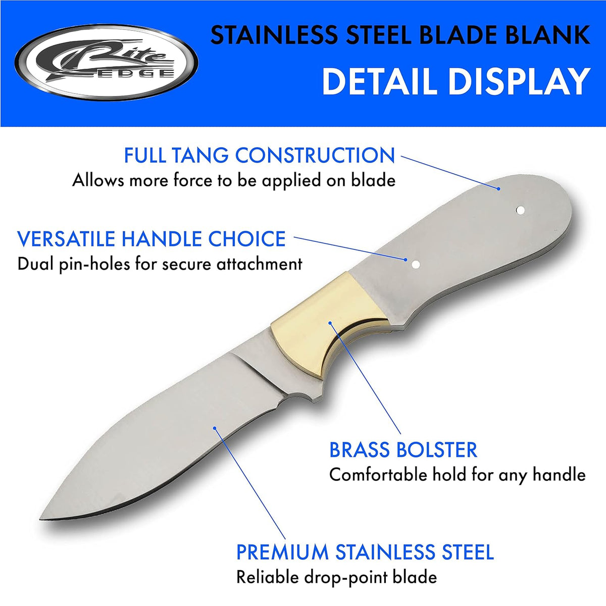 7.75" Full Tang Stainless Steel Drop Point Knife Blade Blank E313