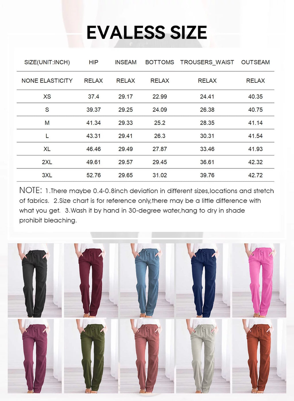 Black Linen Straight Leg Elastic Waist Pants with Pockets 2XL F9627