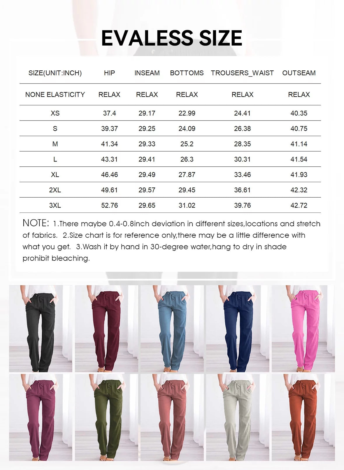 Black Linen Straight Leg Elastic Waist Pants with Pockets 2XL F9627