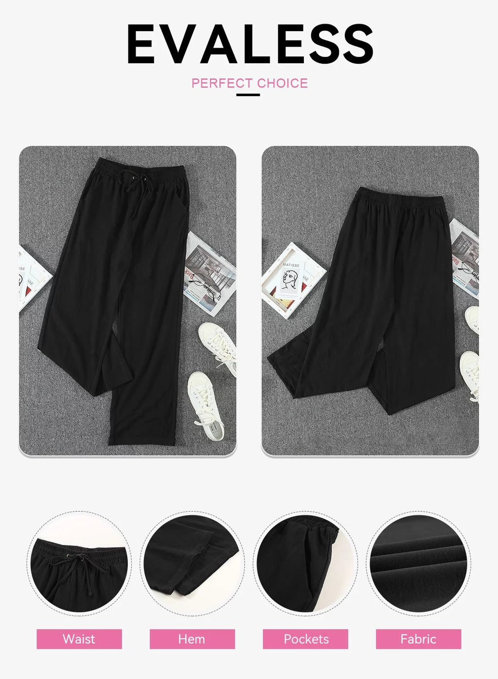 Black Linen Straight Leg Elastic Waist Pants with Pockets 2XL F9627