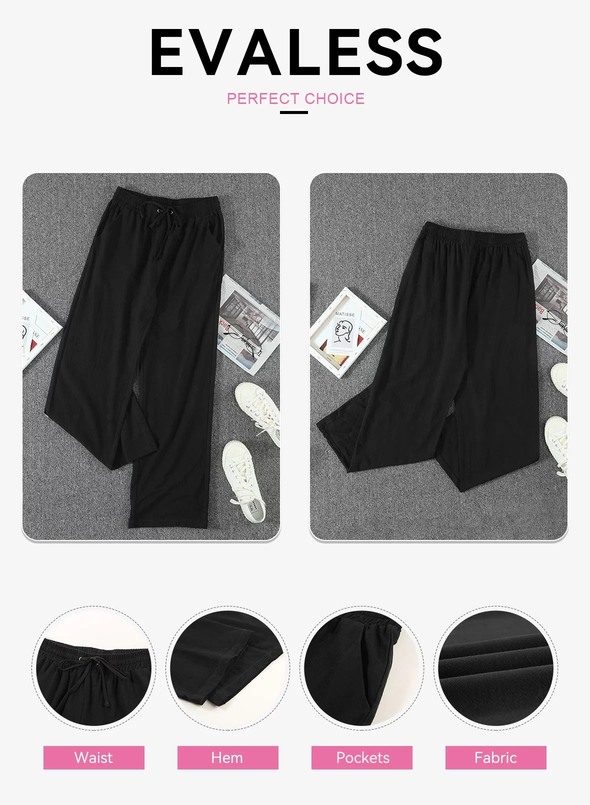 Black Linen Straight Leg Elastic Waist Pants with Pockets 2XL F9627