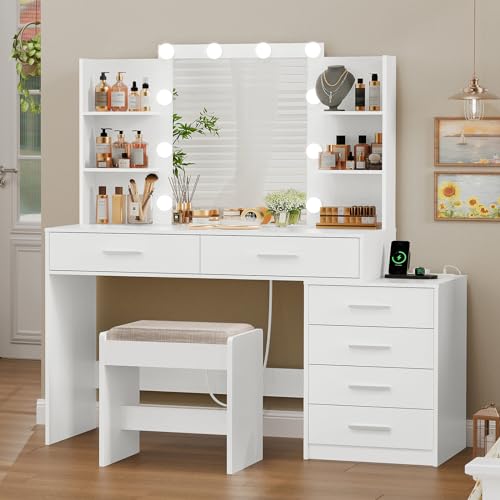 Large White Vanity Desk with Lighted Mirror and Power Outlet Q96852