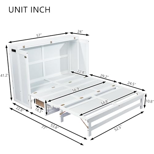 White Full Size Murphy Bed with Charging Station and Drawers R963