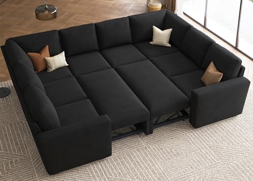 Beige Modular Sectional Sleeper Sofa Bed with Storage Ottoman T3923