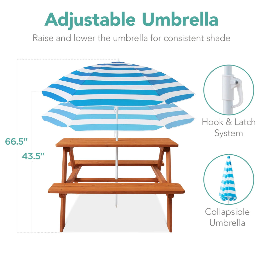 Kids Wooden Picnic Table with Adjustable Umbrella and Built-In Seats L289392