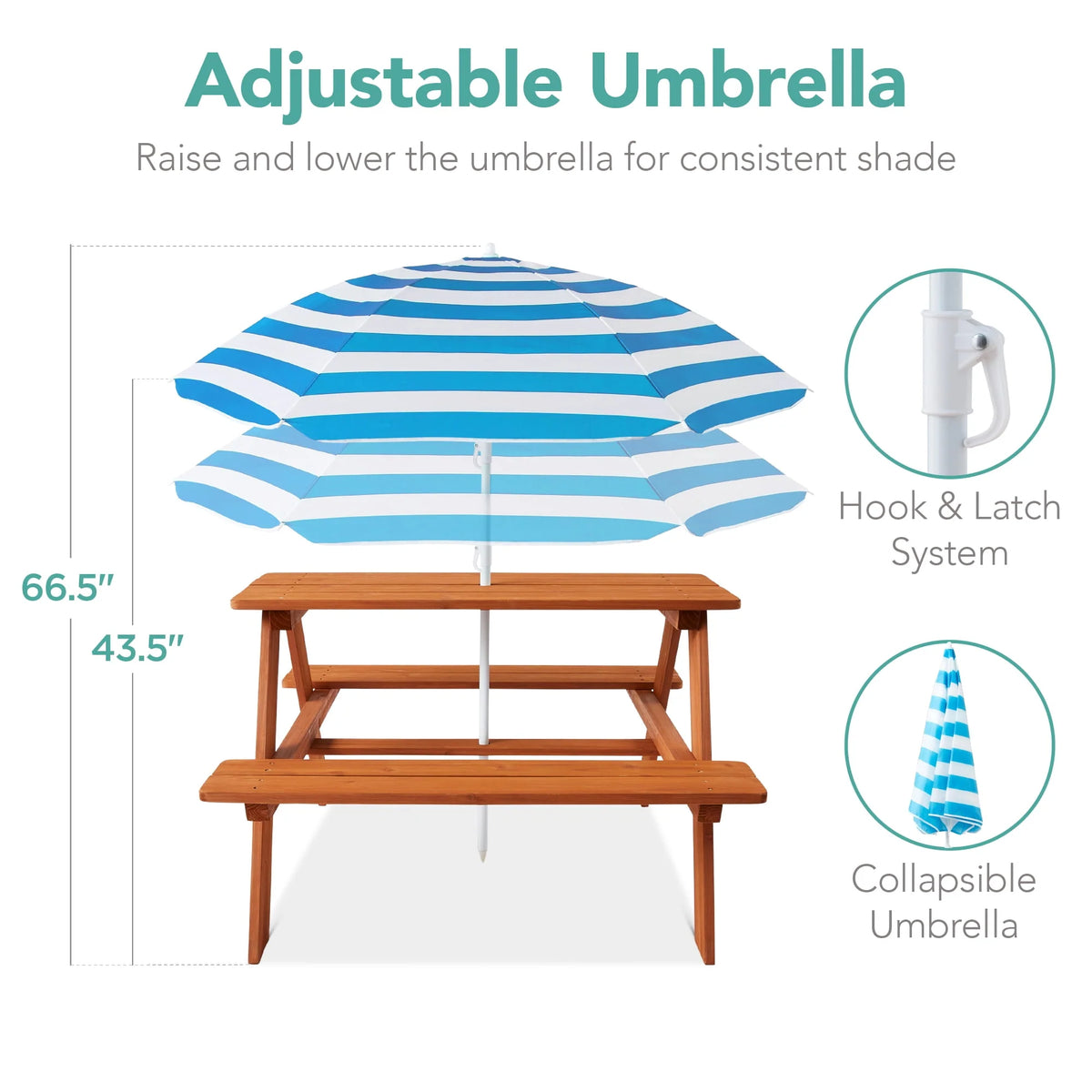 Kids Wooden Picnic Table with Adjustable Umbrella and Built-In Seats L289392