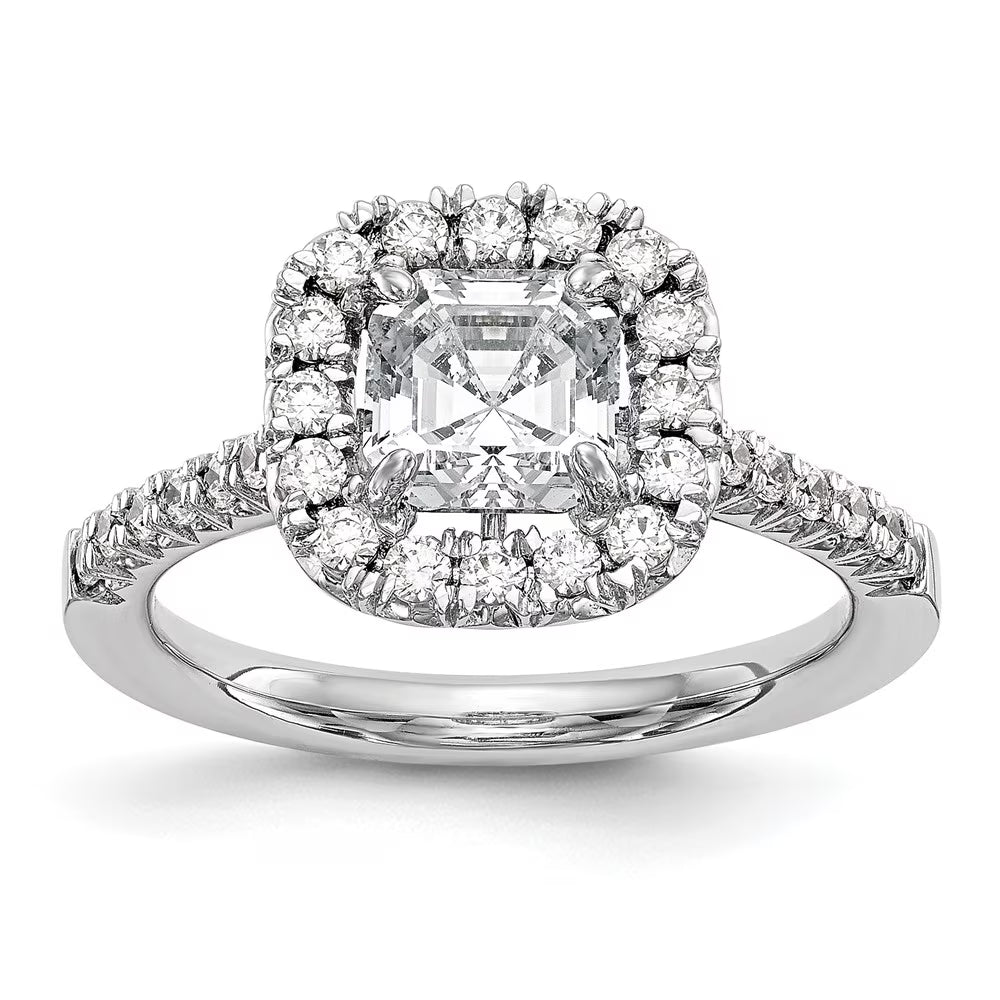 14K White Gold Ring Band Engagement Semi Mount Asscher (4 Prong) Octagon Emerald Diamond, Lab Grown Round, Size 9 F7888
