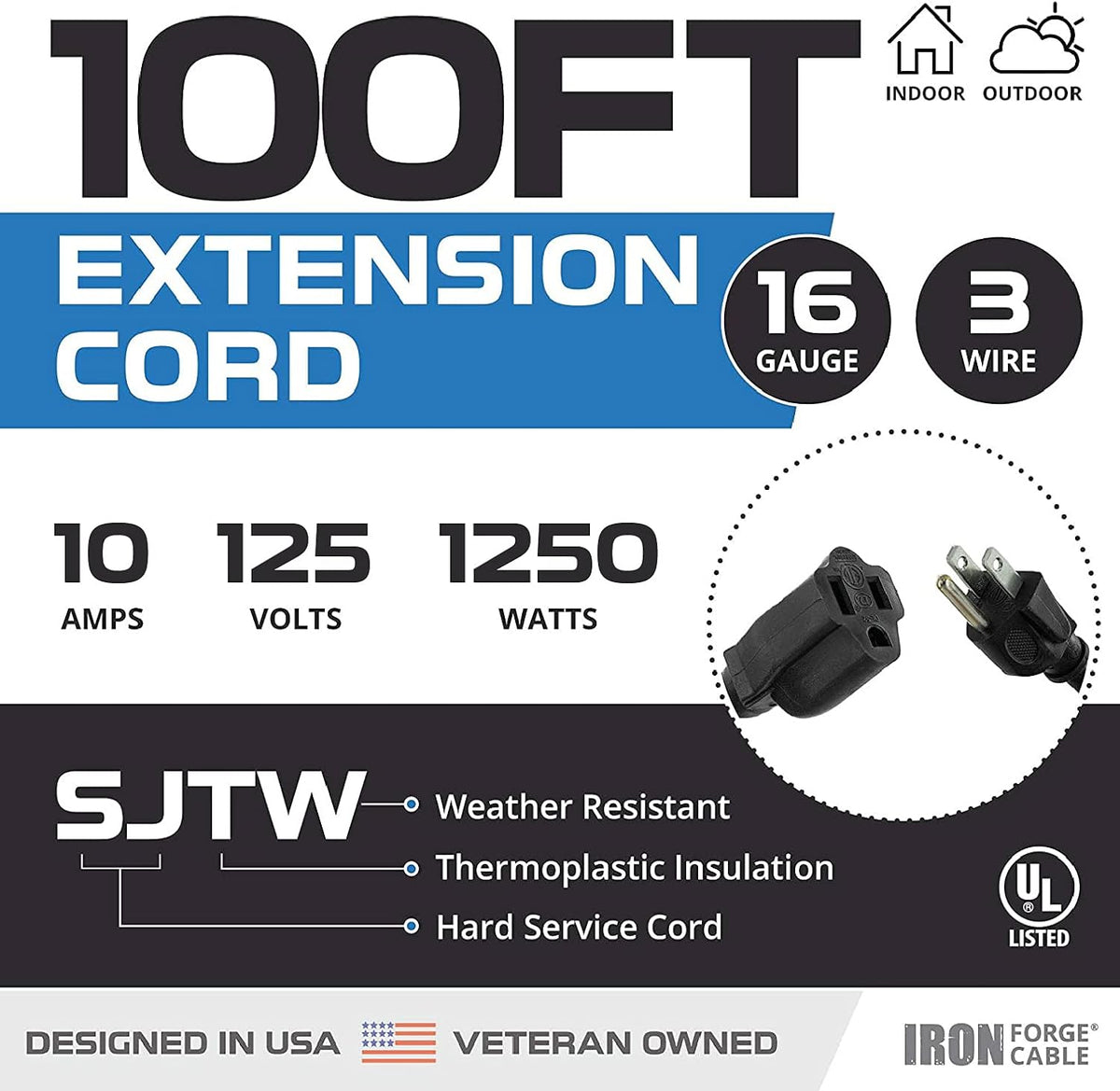 Black 16/3 100 Ft Outdoor Extension Cord with 3 Prong Grounded Plug R5905