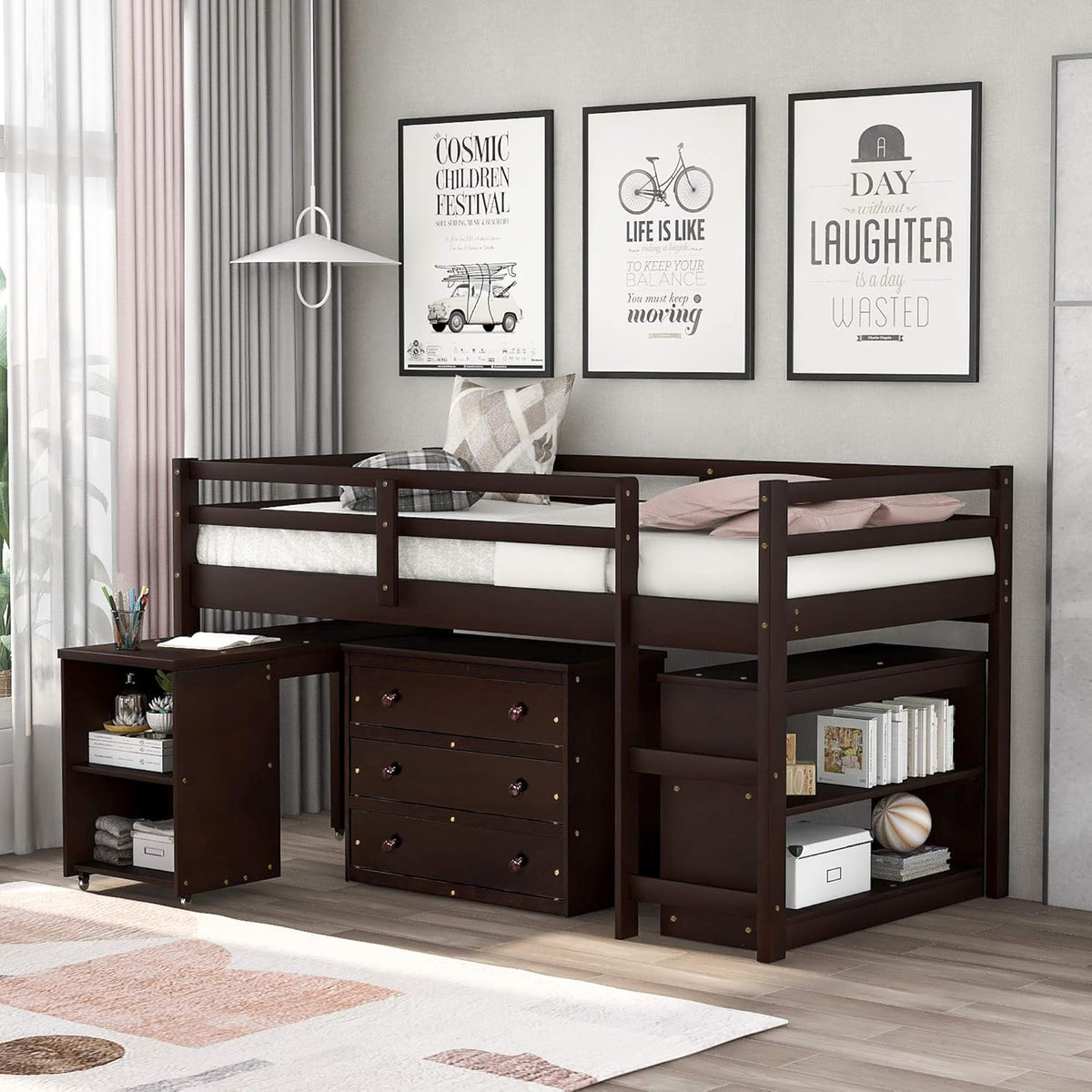 Twin Wood Loft Bed with Cabinet and Study Desk R730686