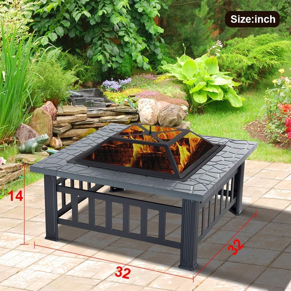 32 Metal Square Wood Burning Fire Pit with Charcoal Rack H32149