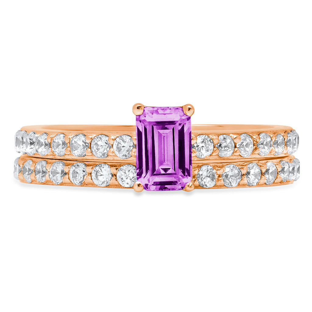 14k Rose Gold Simulated Alexandrite Solitaire Bridal Set SZ 6.75 Y5647