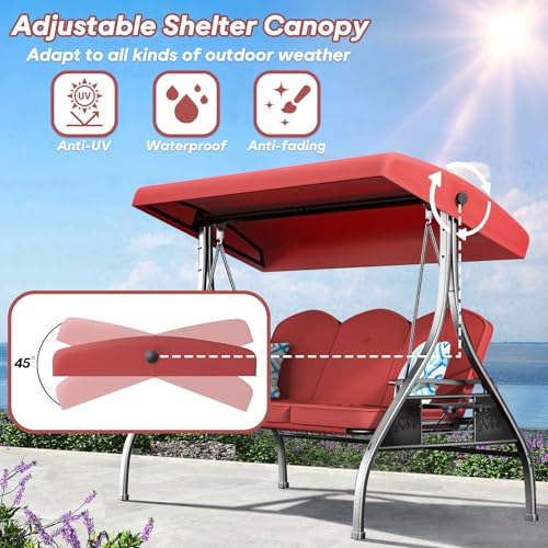 3 Seat Outdoor Patio Swing with Stand Adjustable Canopy Wine Red H862524