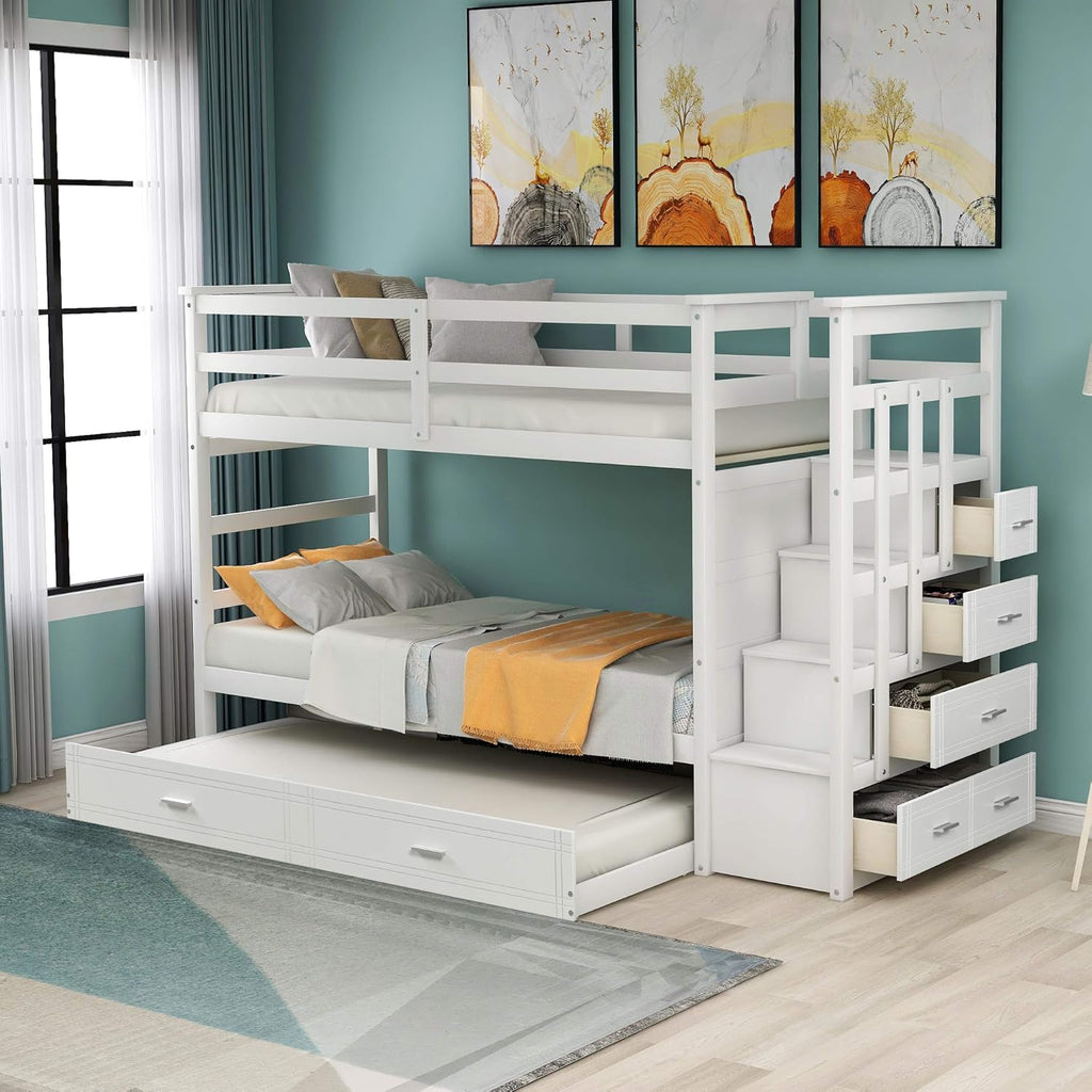Twin-Over-Twin Wood Bunk Bed with Trundle, 4 Storage Drawers and Staircase H3675
