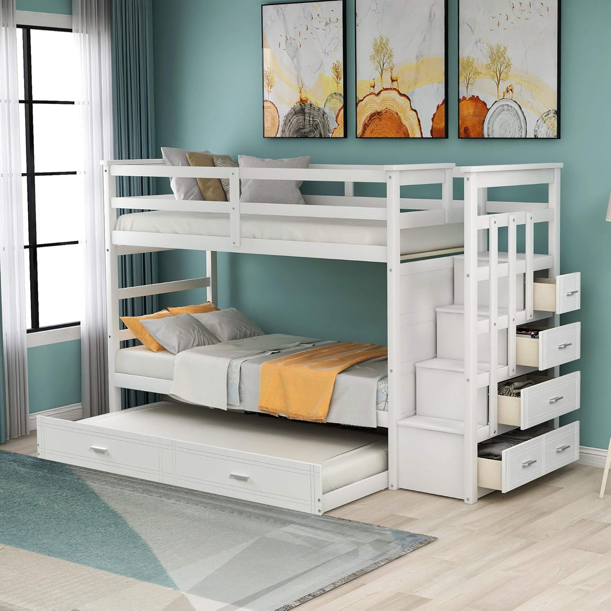 Twin-Over-Twin Wood Bunk Bed with Trundle, 4 Storage Drawers and Staircase H3675