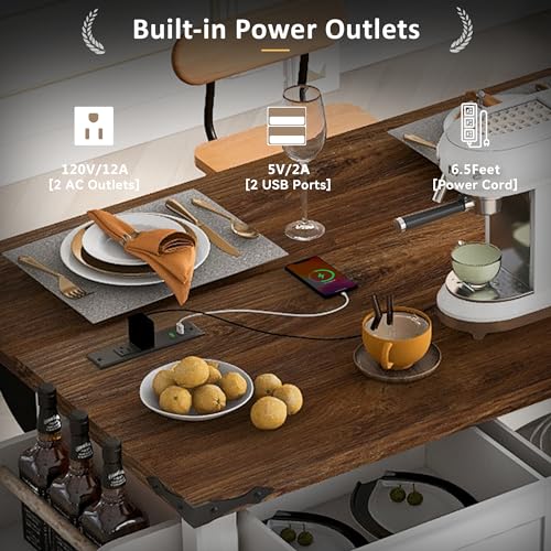 White Farmhouse Kitchen Island with Power Outlet, 2 Sliding Barn Door Storage, Drop Leaf, 3 Drawers, Rolling Cart on Wheels V55032